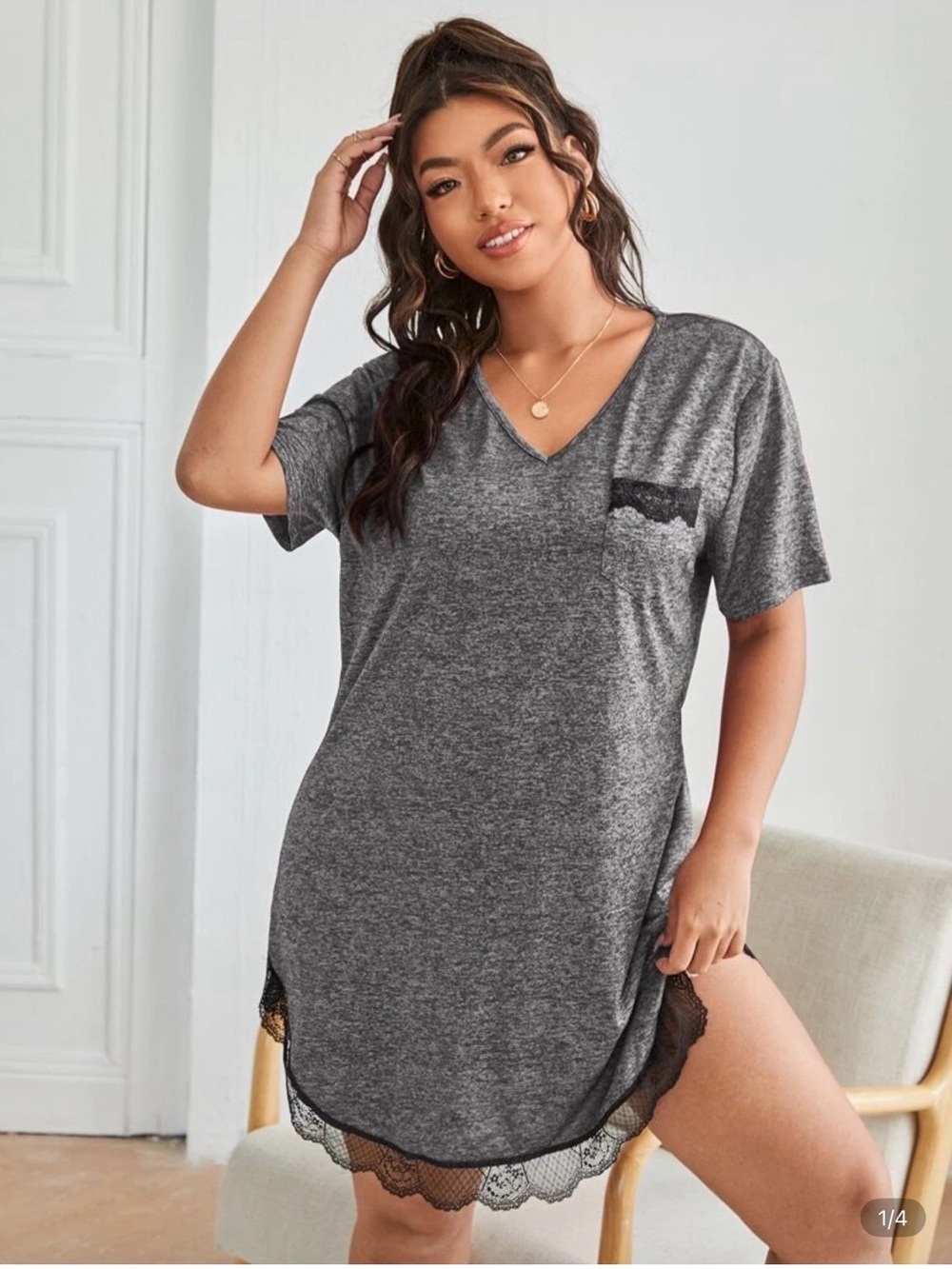 V-Neck Heather Gray Nightshirt with Lace Trim